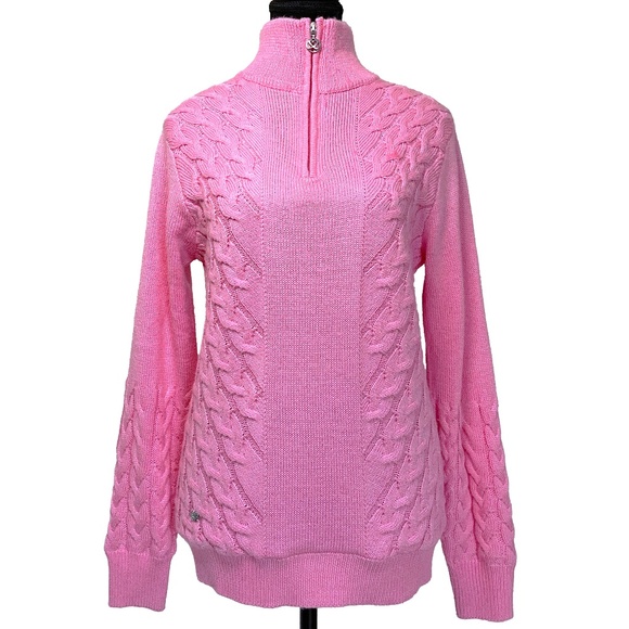 Cable Knit Half-Zip Sweater in Bubblegum Pink - Picture 1 of 11